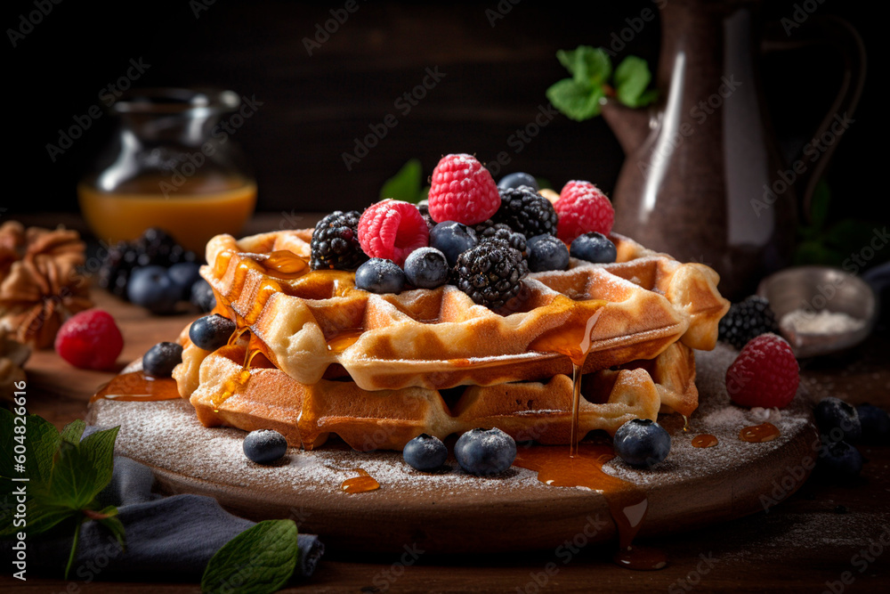 Waffles with berries created with Generative AI technology