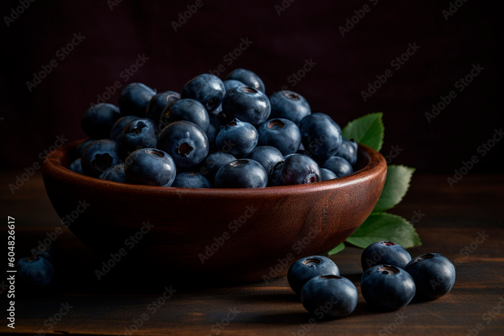 Blueberries in a wooden bowl created with Generative AI technology