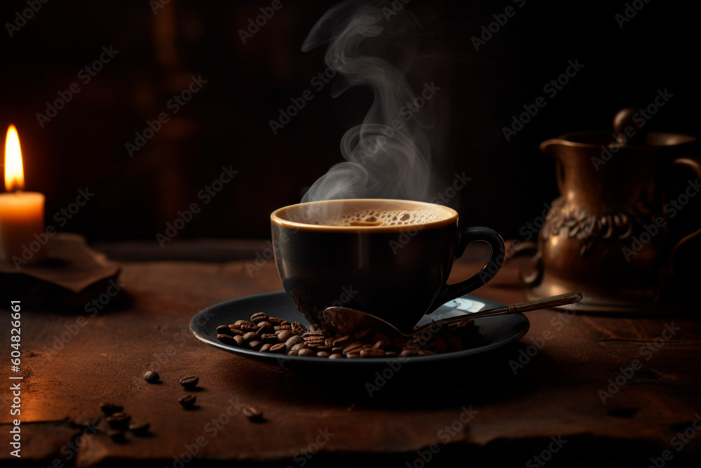 Cup of coffee and coffee beans created with Generative AI technology Cup of coffee and coffee beans created with Generative AI technology