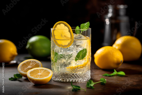 Glass of water with lemon, ice and mint created with Generative AI technology