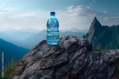 Bottle of mineral water in the mountains created with Generative AI technology