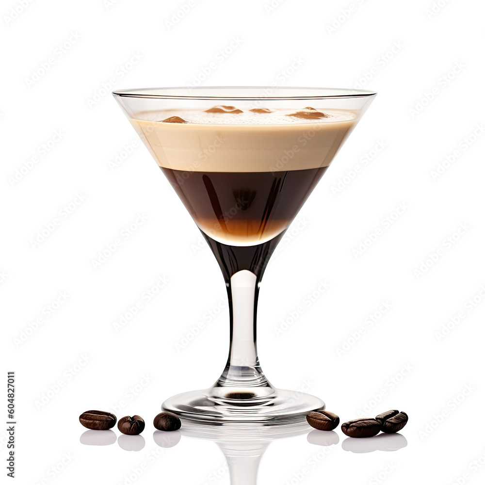 A smooth espresso martini cocktail in a martini glass, isolated on a white background, created by Generative AI.

