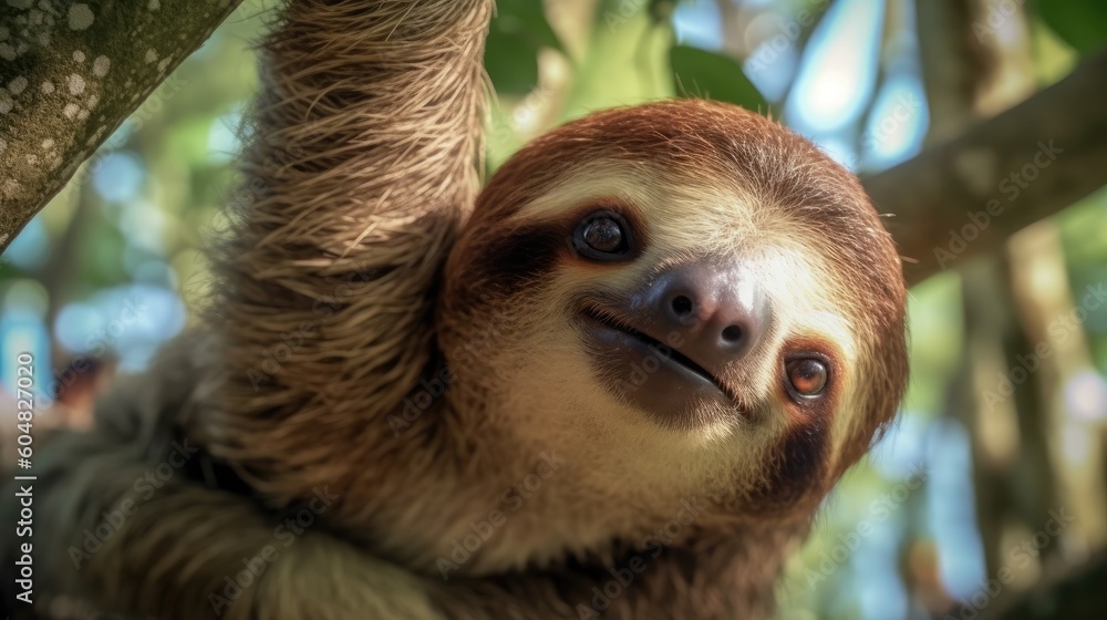Naklejka premium Photo of a cute sloth animal. Against the backdrop of the jungle. AI