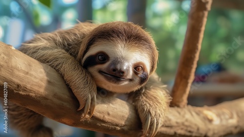 Photo of a cute sloth animal. Against the backdrop of the jungle. AI photo