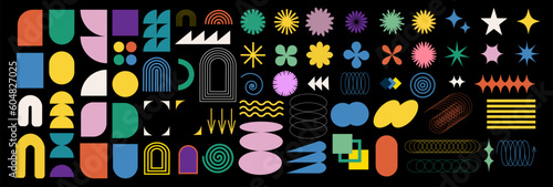 Brutalist abstract geometric shapes and grids. Brutal contemporary figure star oval spiral flower and other primitive elements. Swiss design aesthetic. Bauhaus memphis design