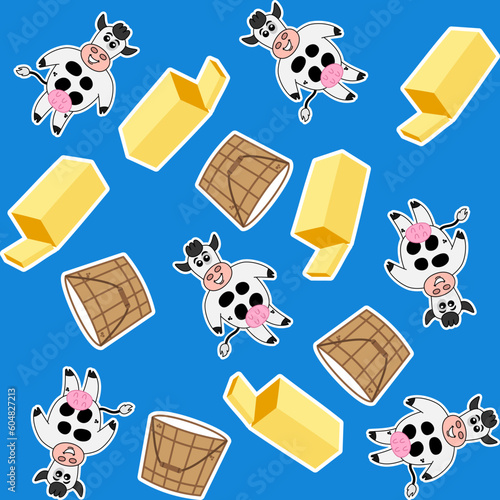 Wrapping for gift paper including smiling dairy cow with bucket of fresh milk and butter on blue background - vector