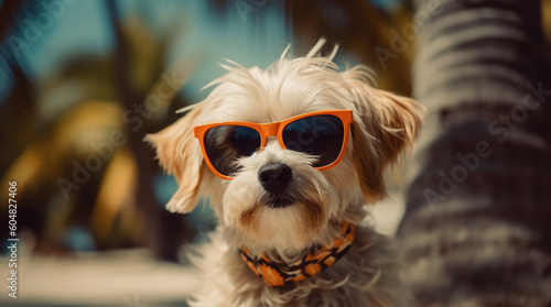 Cute funny dog wearing orange sunglasses on a tropical sandy beach with palms near sea. Summer vacation, travel with pet concept. Retro toned image. Generative AI. © salarko