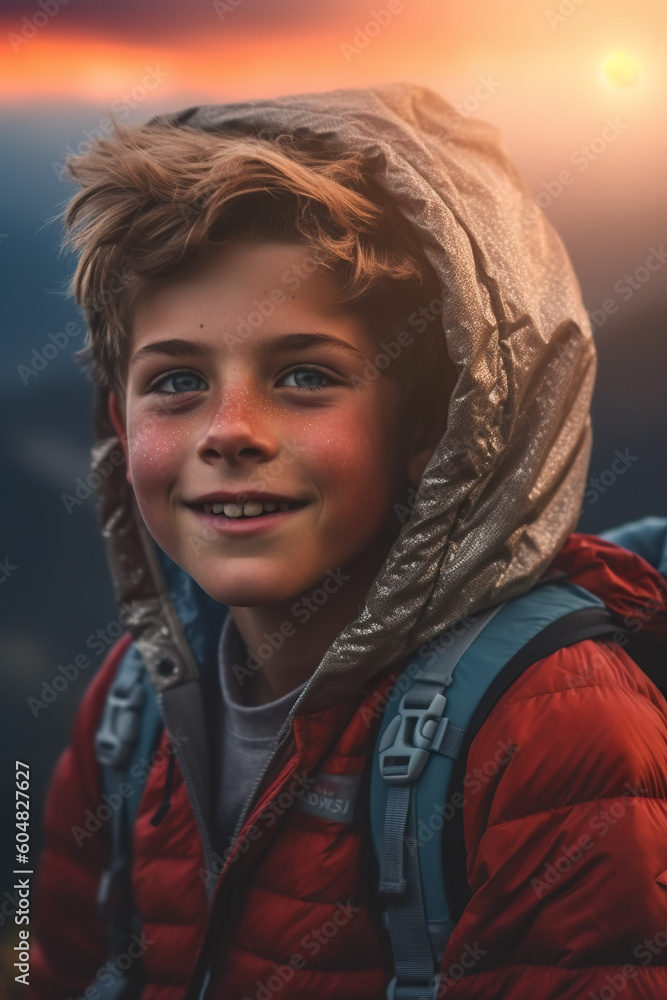 A young boy wearing a red jacket and a backpack. Generative AI. A young boy wearing a red jacket and a backpack. Generative AI.
