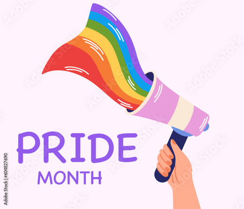 People hold megaphone or loudspeaker with lgbt rainbow. Pride month celebration against violence, discrimination, human rights violation. Vector LGBTQ greeting card, banner or poster.