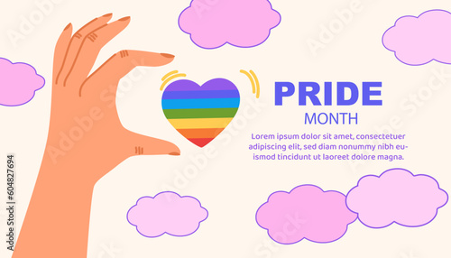 Hand holding a rainbow heart. Vector Lgbt rights or social issues event celebration creative banner, poster, placard, social media advertisement, invitation, greeting or web landing page