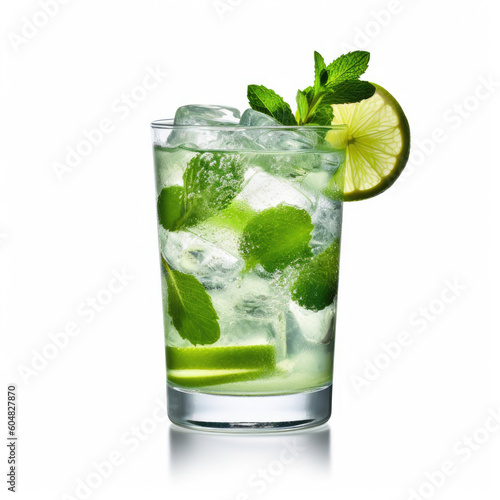 A crisp mojito cocktail with fresh mint leaves, isolated on a white background, created by Generative AI.