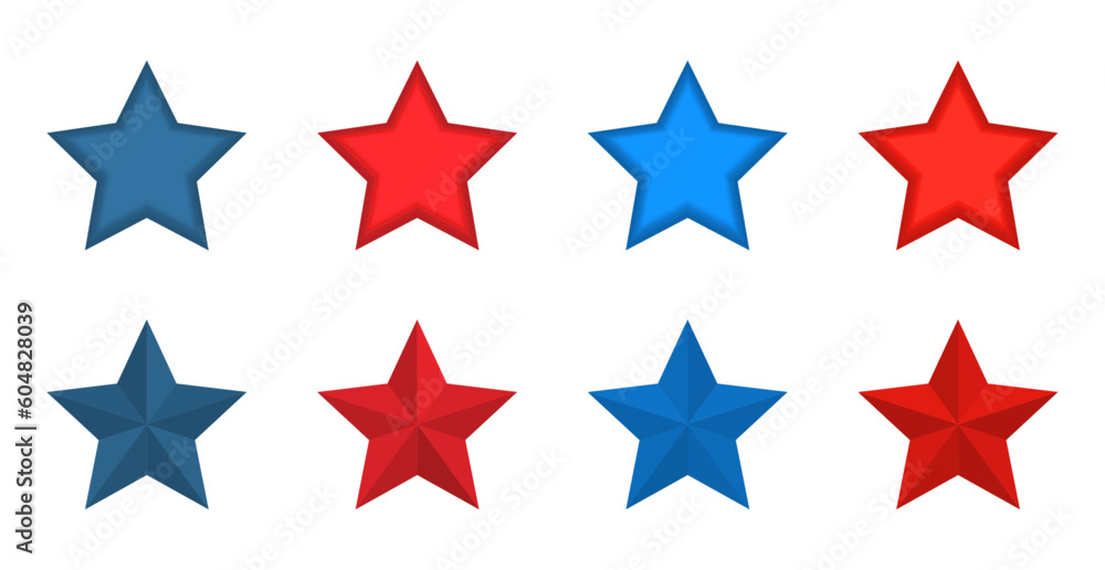 A set of colorful stars isolated on a white background. Red, blue, white. Colors from deeper to brighter. A set of colorful stars isolated on a white background. Red, blue, white. Colors from deeper to brighter.