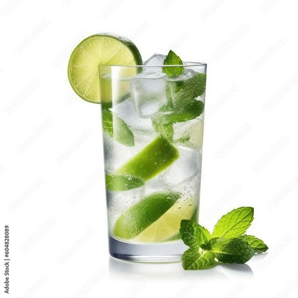 A crisp mojito cocktail with fresh mint leaves, isolated on a white background, created by Generative AI.
A crisp mojito cocktail with fresh mint leaves, isolated on a white background, created by Generative AI.