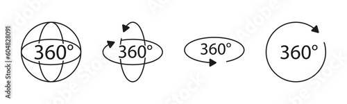 Set of 360-degree icons. A collection of icons representing the concept of a 360-degree view or perspective. These icons can be used to symbolize panoramic views, virtual reality.