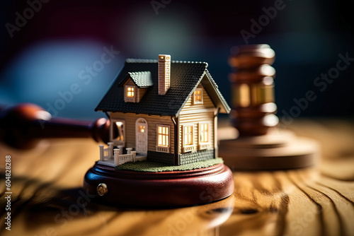 Gavel justice hammer and house model. Home buying or selling of bidding, lawyer of home, real estate law concept. Generative AI