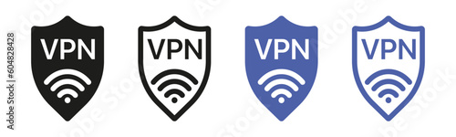 Set of VPN icons. A collection of icons representing VPN services and concepts, including secure connections, privacy, anonymity, encryption, network security, and online protection.