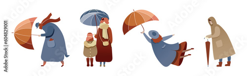 People Characters Struggling to Hold Umbrella in Windy and Stormy Weather Vector Illustration Set