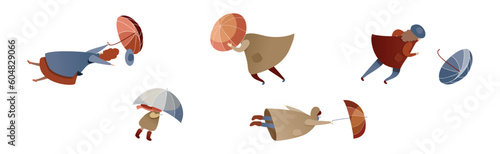 People Characters Struggling to Hold Umbrella in Windy and Stormy Weather Vector Illustration Set