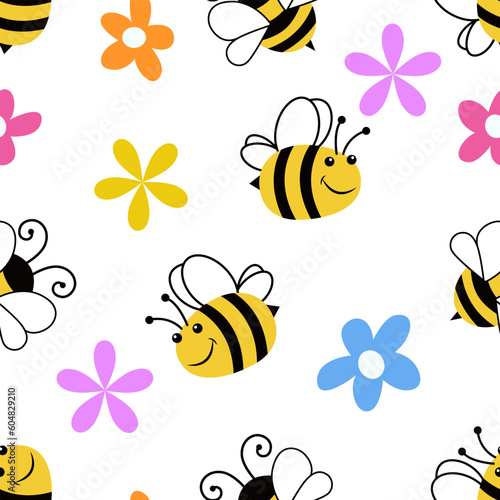Seamless pattern with a flower and a cartoon bee on a white background vector illustration. © Natali