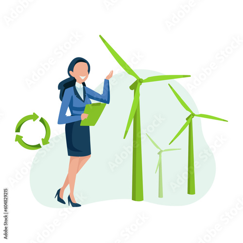 Vector of a businesswoman offering green energy solution wind mills