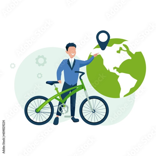 Clean transportation and ecology concept. Vector of a young man with a bicycle on a background of the earth planet