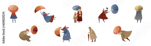 People Characters Struggling to Hold Umbrella in Windy and Stormy Weather Vector Illustration Set