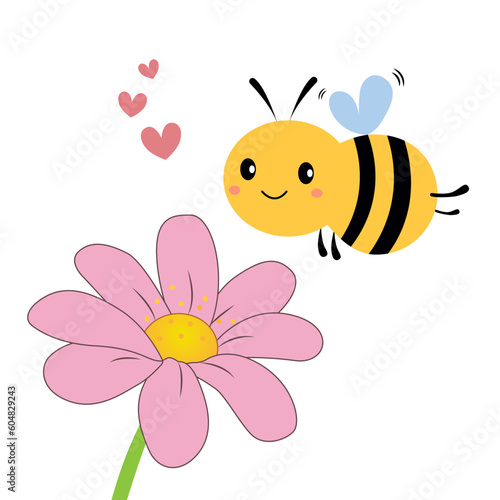 A cute bee is flying over a flower. Vector illustration in a flat style.