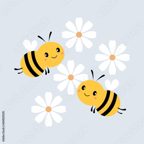 Cute bees are flying over the flower. Vector illustration in a flat style. © Natali