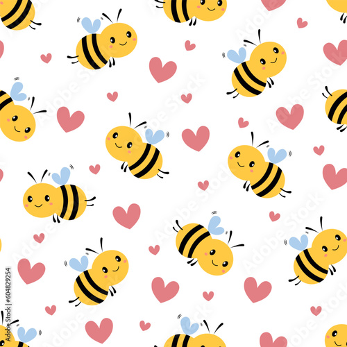 Seamless pattern with cartoon bee and heart on white background. Vector illustration.