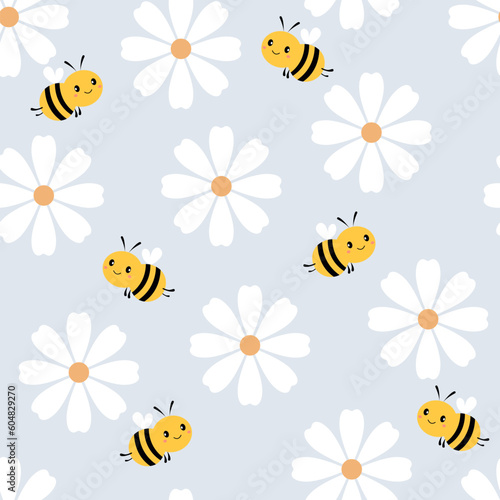 Seamless pattern with a daisy flower and a cartoon bee on a blue background vector illustration.