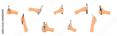 Hand with Electronic Cigarette Simulating Tobacco Smoking Vector Set