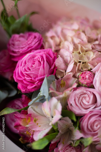 Peony roses. Pink beautiful bouquet of mixed flowers. Flower shop. Fresh bouquet. Master class and floristry courses. Flower delivery.