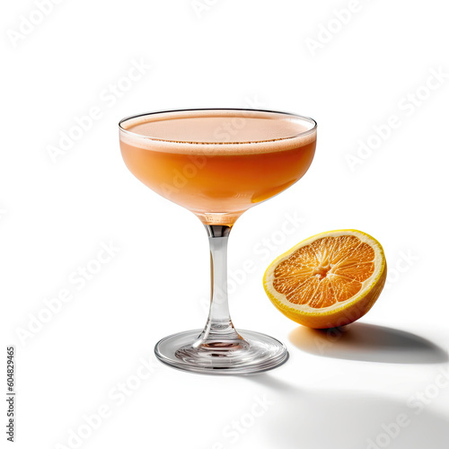 A sophisticated sidecar cocktail with orange zest in a sugar-rimmed coupe glass, isolated on a white background, created by Generative AI