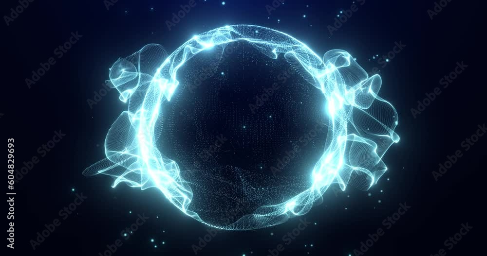 Abstract glowing sphere, energy ball shines brightly with rays of light, magic waves from particles and dots, atomic science abstract background, seamless loop. Abstract glowing sphere, energy ball shines brightly with rays of light, magic waves from particles and dots, atomic science abstract background, seamless loop.