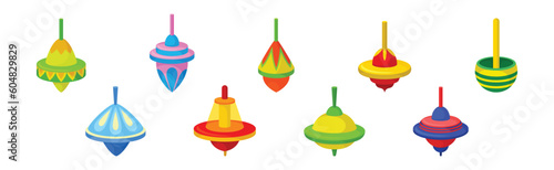 Spinning Top as Squat Toy with Sharp Point at the Bottom Vector Set