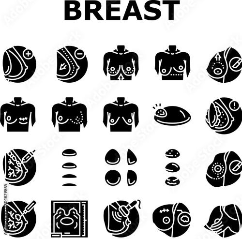 breast surgery body woman plastic icons set vector. beauty implant, medical skin, cosmetic female, health augmentation, chest silicone breast surgery body woman plastic glyph pictogram Illustrations