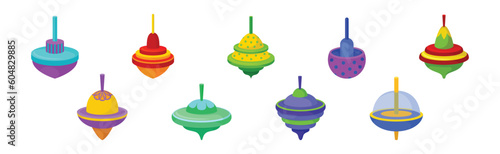 Spinning Top as Squat Toy with Sharp Point at the Bottom Vector Set