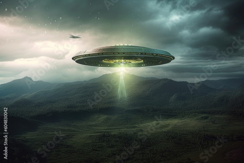 UFO flying over the field and forest. Generative AI