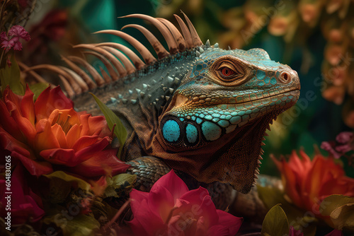Whimsical iguana portrait, surrounded by lush florals and nature, generative AI © Kien