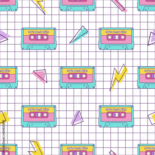 Retro cassette vintage seamless pattern 80s 90s geometric shapes in Memphis style on checkered background