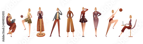 Slender Female, Playing Ball, Working with Laptop and Posing Vector Set