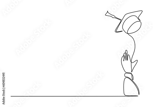 One continuous line of hand throw graduation cap isolated on white background.