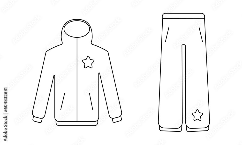 Vector outline illustration of the snowboarding clothes. Jacket and pants. Black and white web line icon isolated. Skiing or traveling equipment Vector outline illustration of the snowboarding clothes. Jacket and pants. Black and white web line icon isolated. Skiing or traveling equipment