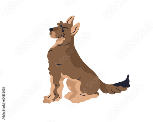 Obedient dog sitting. Cute puppy profile. Smart faithful canine animal, side view. Loyal trained doggy, companion pup of Schnauzer breed. Flat vector illustration isolated on white background