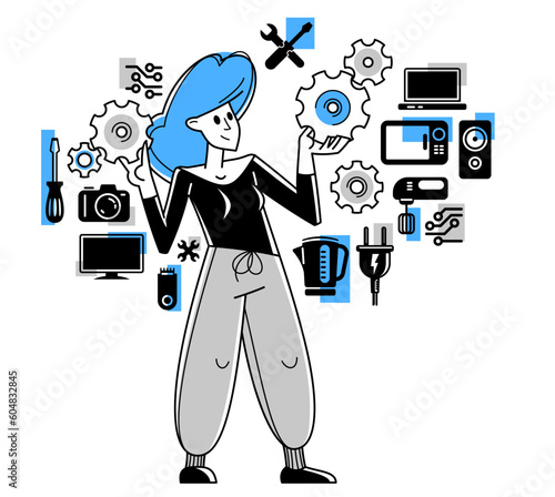 Technician engineer woman repairing household appliances, repairman service vector outline illustration, engineer fixing and upgrading different technics.