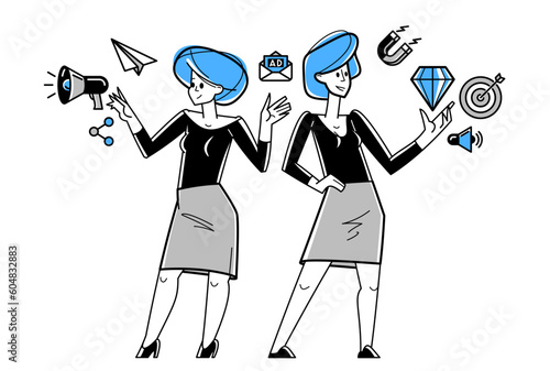 Marketing theme vector outline illustration, marketers team analyzing and creating plan and strategy, advertising business teamwork concept, reach a goal success.