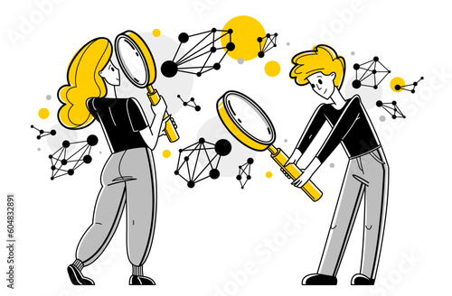 Scientists working on some science inquiry research or invention, discovering molecules and learning education, vector outline illustration, laboratory.