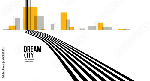 Future city on a horizon with highway road fast going to it vector abstract background, metropolis skyline with speed highway, road to town.