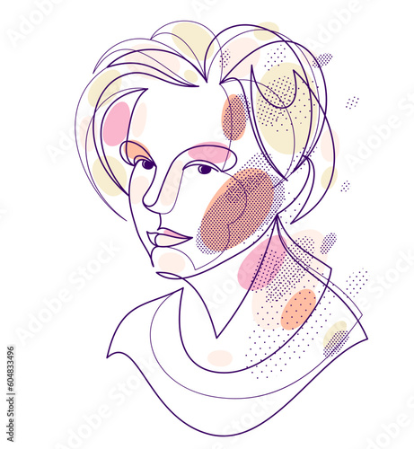 Woman beauty face vector linear illustration, delicate line art of attractive girl portrait, abstract feminine drawing minimal style isolated.