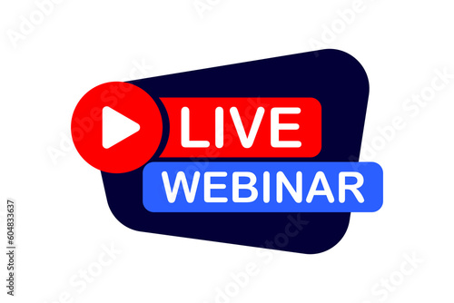 Live Webinar. Play button and text, video internet conference icon. Live stream. Internet broadcast. Live video streaming. Online conference, meeting, distance communication. Social media webinar
